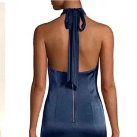 Alice + Olivia LIKE NEW Regina Satin Tieneck Halter Dress in Navy Blue - Picture 3 of 12